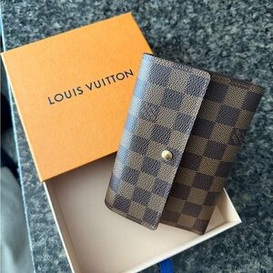 Louis Vuitton Brown Checkered Damier Ebene Trifold Wallet/ Passport Holder